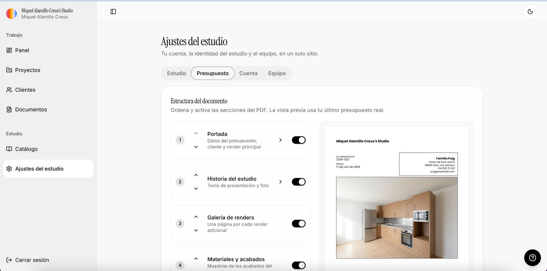 Propuesta comercial en PDF con marca, datos y estructura propios del estudio